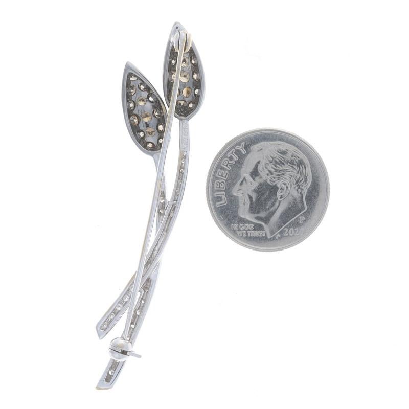 Round Cut White Gold Diamond Botanical Brooch - 18k Round 1.32ctw Flowers Leaves Pin For Sale