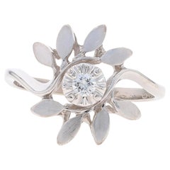 White Gold Diamond Botanical Solitaire Bypass Ring - 14k Round Cut Leafy Vine