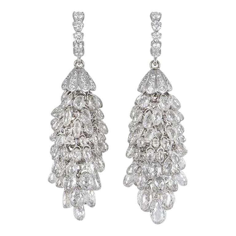 14 Carat Long Square, Round and Baguette Diamond Chandelier Earrings in