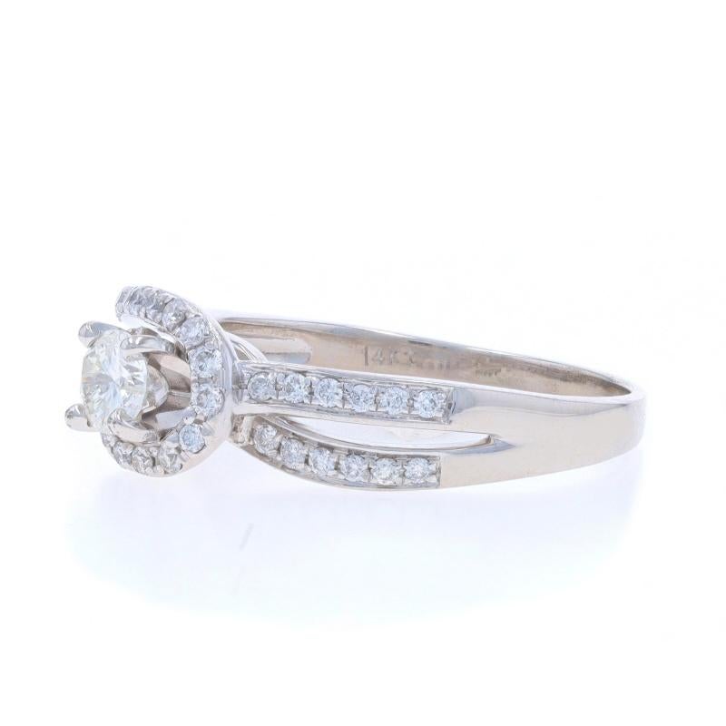 White Gold Diamond Bypass Halo Engagement Ring - 14k Round .65ctw In Excellent Condition For Sale In Greensboro, NC