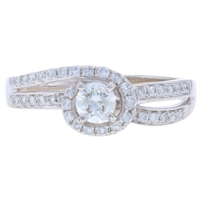 White Gold Diamond Bypass Halo Engagement Ring - 14k Round .65ctw For Sale