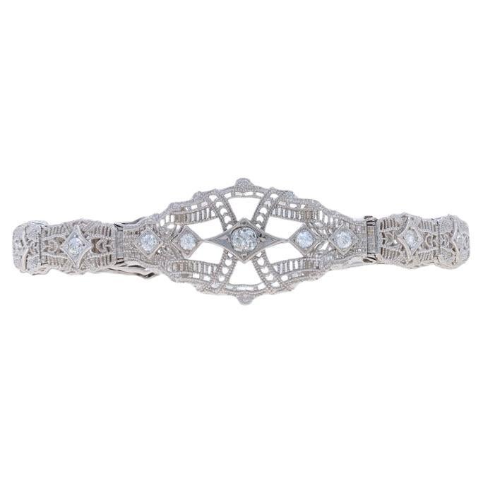 Pulsera Art Decó de oro blanco con diamantes y cristal de alcanfor 6 1/2" 14k Old Mine .90ctw en venta