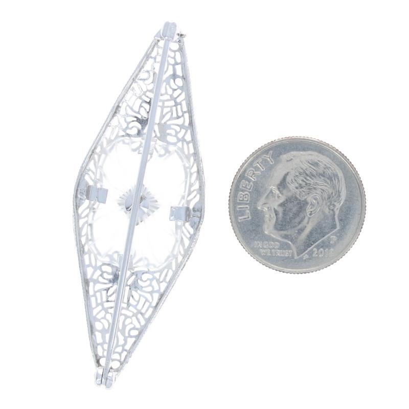 Women's White Gold Diamond Camphor Glass Vintage Brooch - 10k Single Cut Filigree Pin For Sale