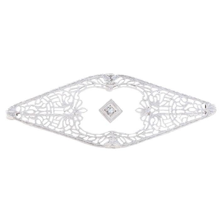 White Gold Diamond Camphor Glass Vintage Brooch - 10k Single Cut Filigree Pin