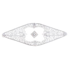 White Gold Diamond Camphor Glass Vintage Brooch - 10k Single Cut Filigree Pin