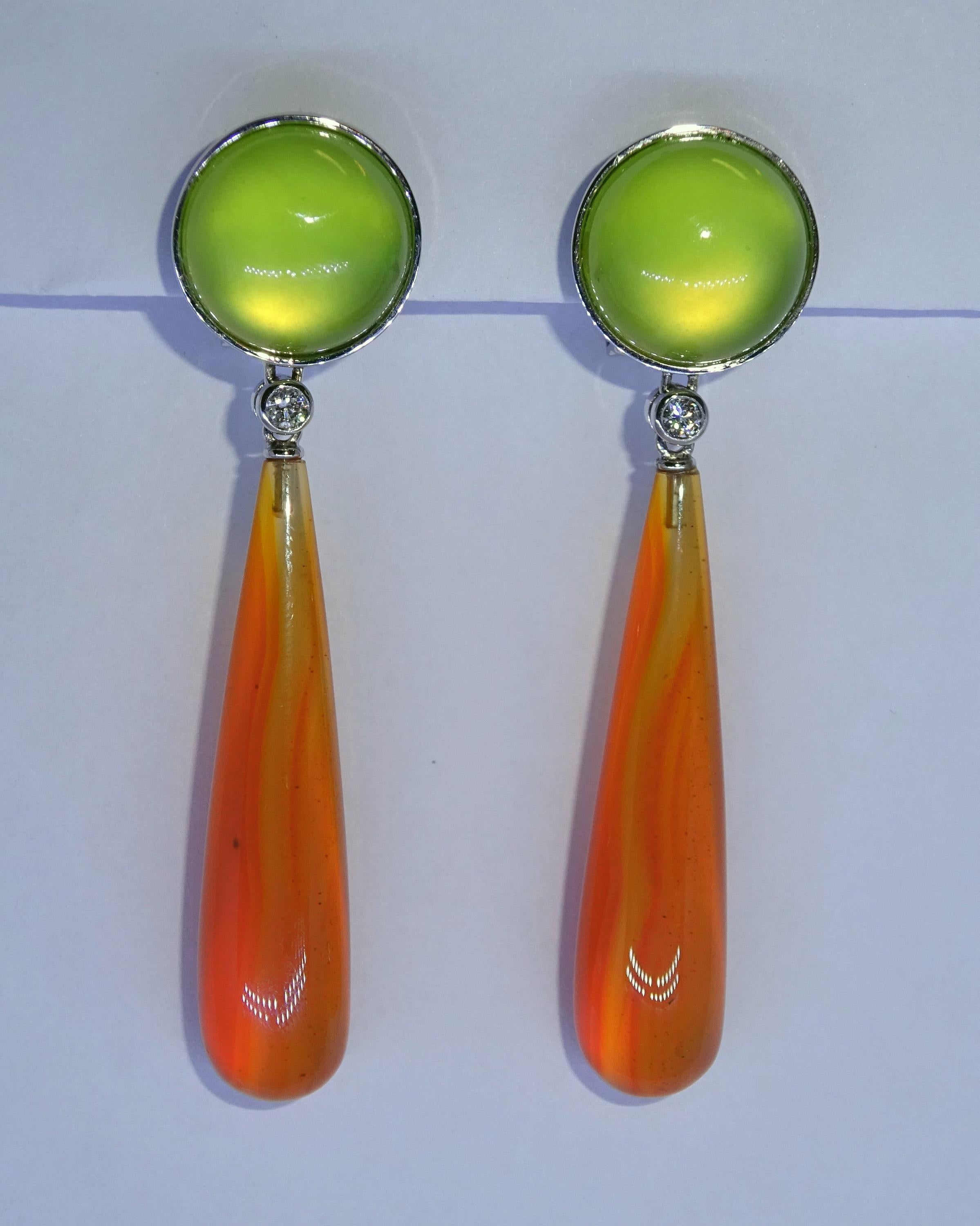 Cabochon White Gold Diamond, Carnelian and Prehnit Earrings For Sale