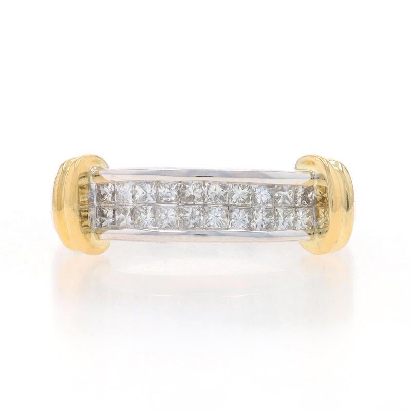 Size: 6 1/2

Metal Content: 18k White Gold & 18k Yellow Gold

Stone Information
Natural Diamonds
Carat(s): 1.00ctw
Cut: Princess
Color: G - H
Clarity: SI1 - SI2

Total Carats: 1.00ctw

Style: Cluster Band

Measurements
Face Height (north to south):