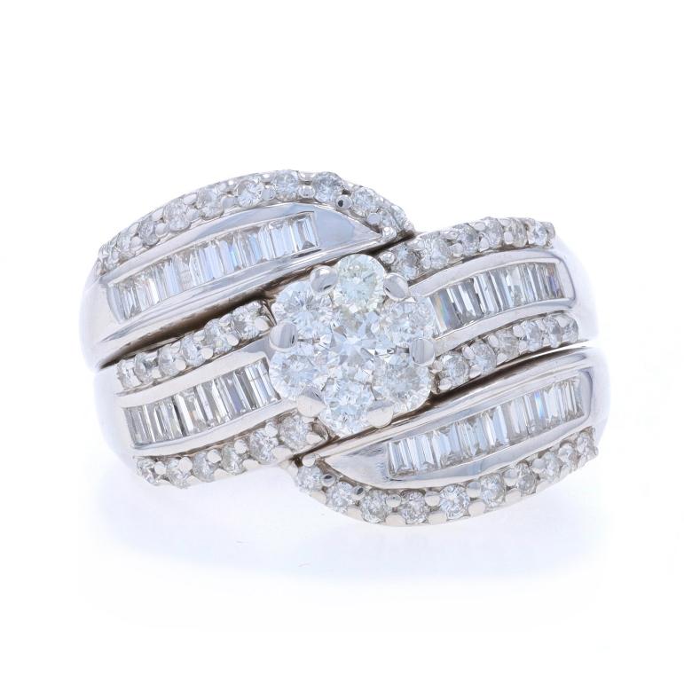 Size: 8 1/4
Sizing Fee: Up 1 size for $40 or Down 1 size for $40

Metal Content: 14k White Gold

Stone Information

Natural Diamonds
Carat(s): 1.23ctw
Cut: Round Brilliant & Baguette
Color: F - G
Clarity: SI2 - I1

Total Carats: 1.23ctw

Style: