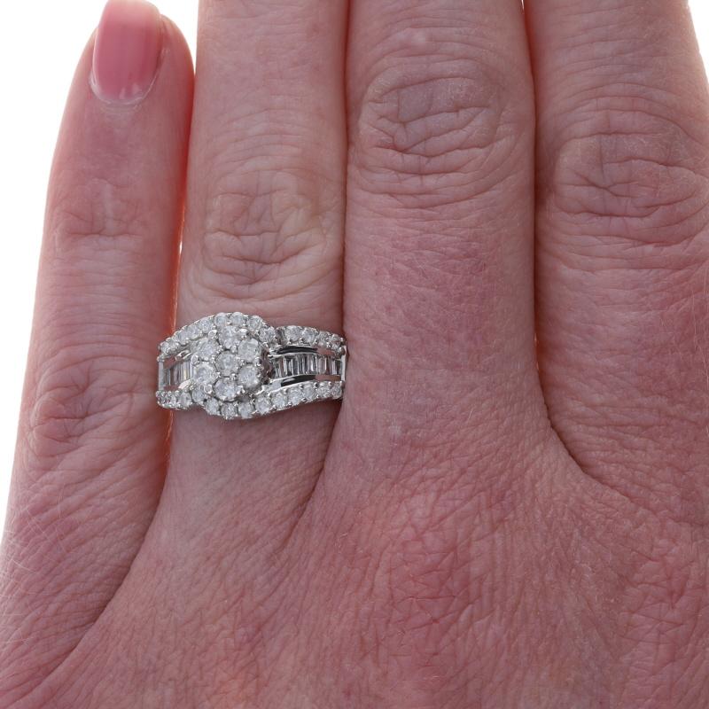 Round Cut White Gold Diamond Cluster Cocktail Bypass Ring -10k Rd & Baguette 1.00ctw Swirl For Sale