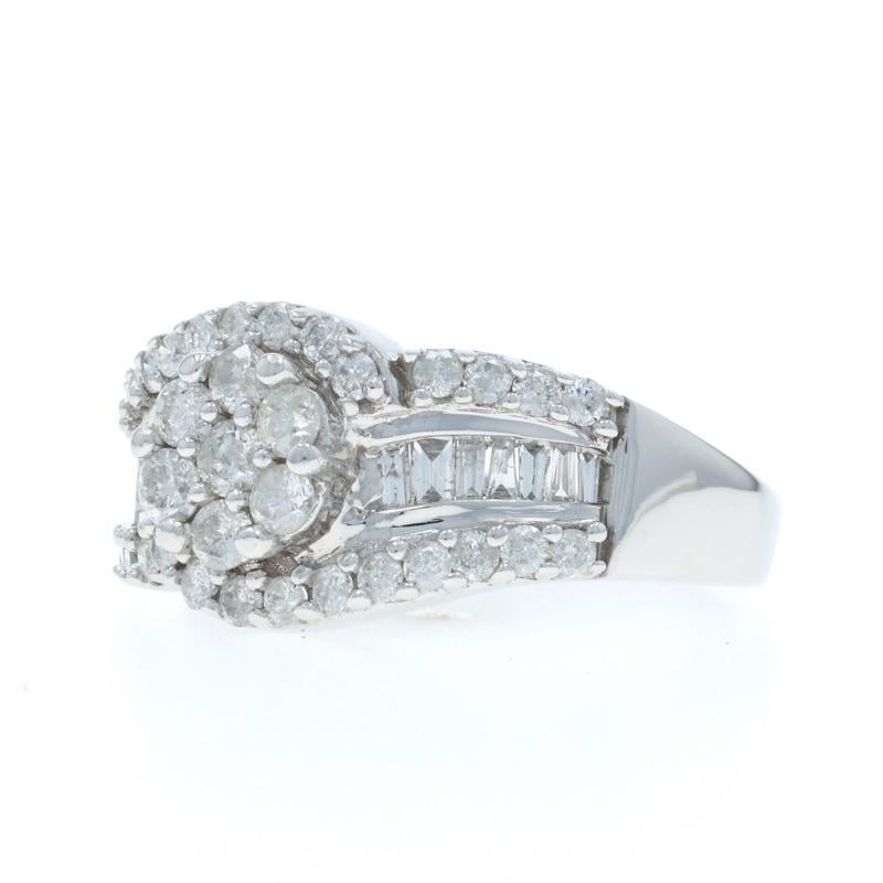 White Gold Diamond Cluster Cocktail Bypass Ring -10k Rd & Baguette 1.00ctw Swirl In Excellent Condition For Sale In Greensboro, NC