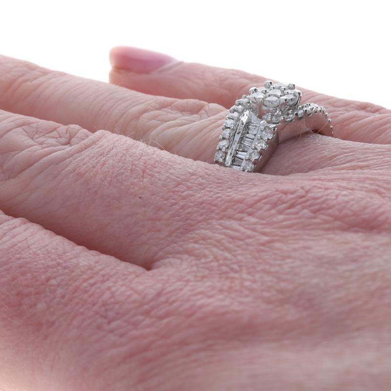 Women's White Gold Diamond Cluster Cocktail Bypass Ring -10k Rd & Baguette 1.00ctw Swirl For Sale