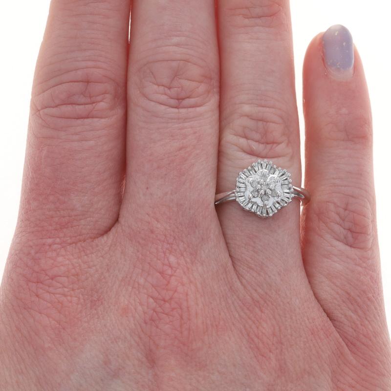 Baguette Cut White Gold Diamond Cluster Cocktail Halo Ring - 14k Single Cut & Baguette 1/4ctw For Sale