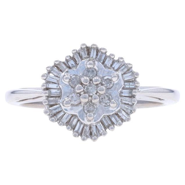 White Gold Diamond Cluster Cocktail Halo Ring - 14k Single Cut & Baguette 1/4ctw