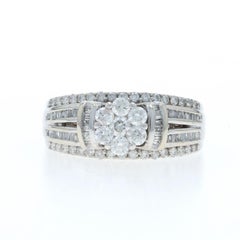 White Gold Diamond Cluster Cocktail Ring - 10k Round & Baguette 1.00ctw