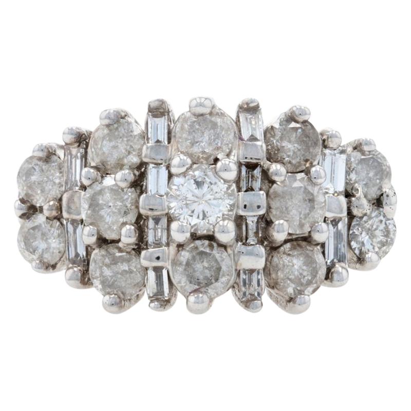 For Sale:  White Gold Diamond Cluster Cocktail Ring, 10k Round & Baguette 3.00ctw Tiered