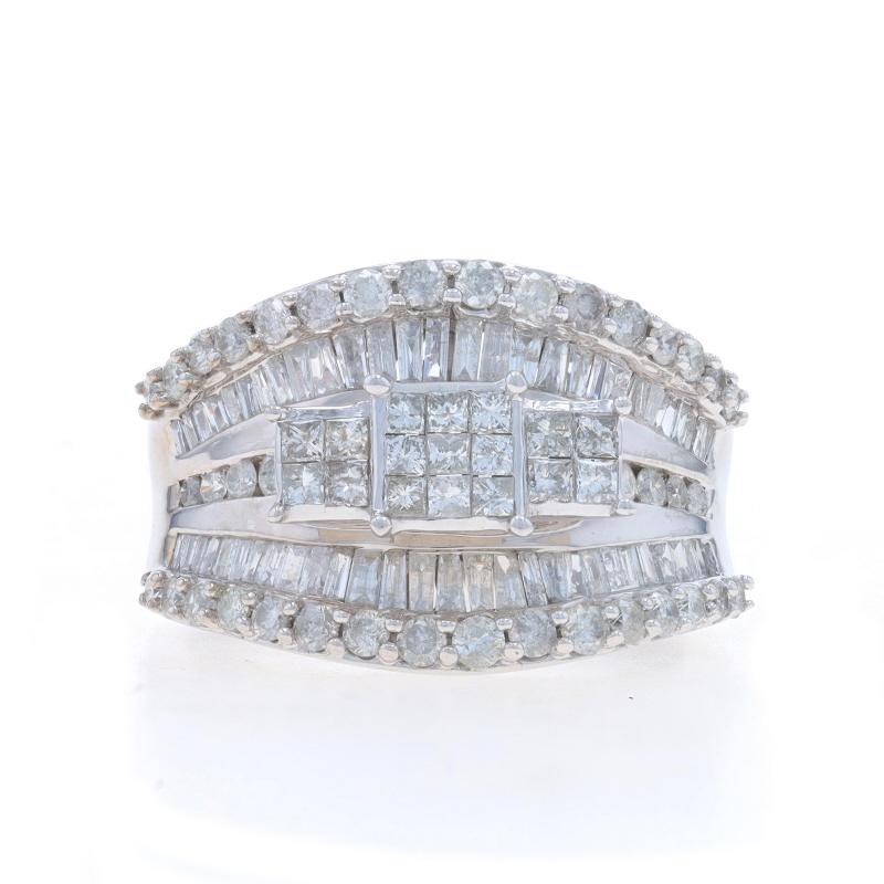 Size: 8 3/4
Sizing Fee: Up 1 size for $50

Metal Content: 14k White Gold

Stone Information

Natural Diamonds
Carat(s): 2.00ctw
Cut: Princess, Baguette and Round Brilliant
Color: G - H - I
Clarity: I1 - I2

Total Carats: 2.00ctw

Style: Cluster