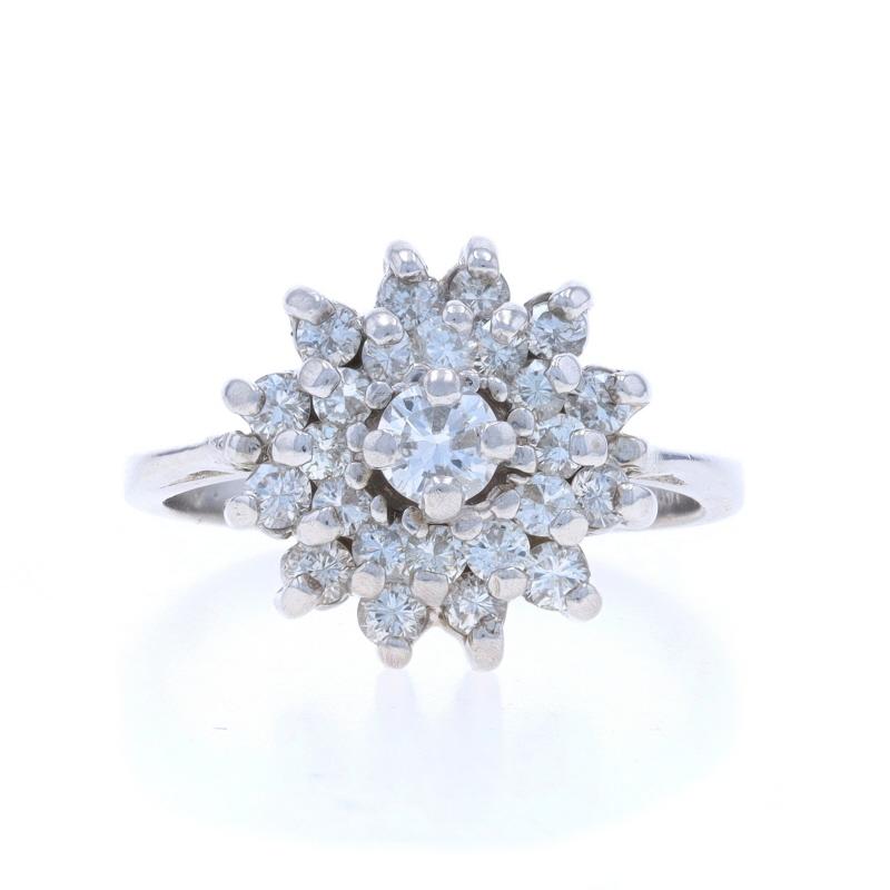 White Gold Diamond Cluster Cocktail Ring - 14k Round Brilliant .90ctw Flower