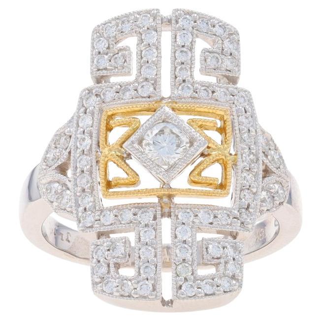 White Gold Diamond Cluster Cocktail Ring - 18k Round .84ctw Geometric Milgrain For Sale