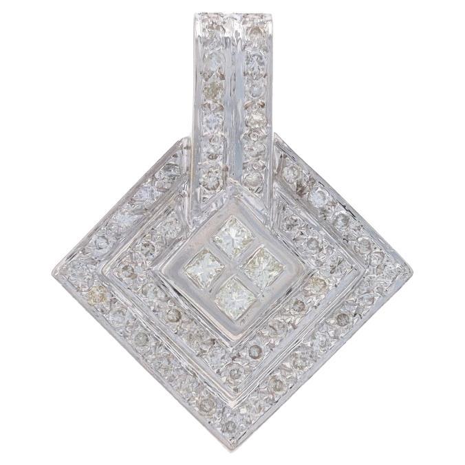 White Gold Diamond Cluster Double Halo Pendant - 14k Princess & Round 1/2ctw
