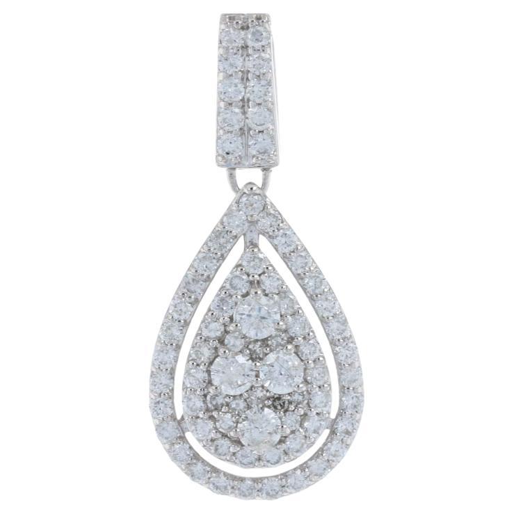 White Gold Diamond Cluster Double Halo Pendant - 14k Round Cut 1.25ctw Teardrop