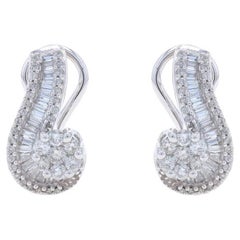 White Gold Diamond Cluster Drop Earrings 14k Rnd & Baguette 1.00ctw Floral Swirl