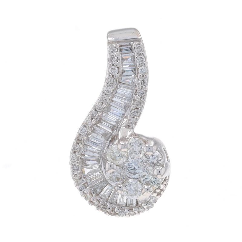 Metal Content: 14k White Gold

Stone Information

Natural Diamonds
Carat(s): 1.00ctw
Cut: Round Brilliant & Baguette
Color: G - H
Clarity: SI1 - I1

Total Carats: 1.00ctw

Style: Cluster Drop
Theme: Floral Swirl

Measurements

Tall: 29/32