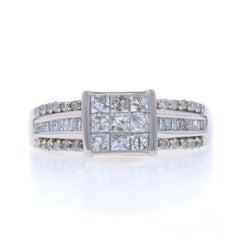 White Gold Diamond Cluster Engagement Ring 10k Princess, Baguette, & Rnd 1.00ctw