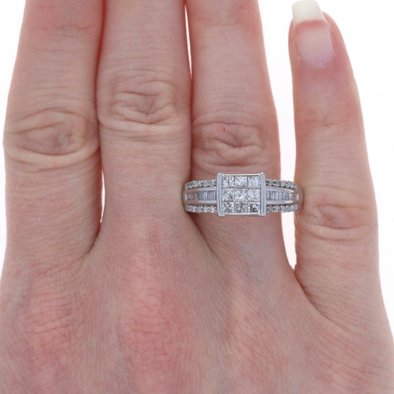 Princess Cut White Gold Diamond Cluster Engagement Ring 10k Princess, Baguette, & Rnd 1.00ctw For Sale