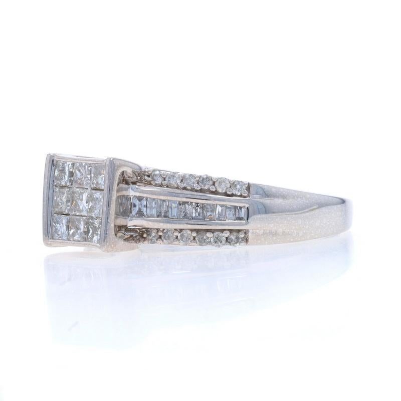White Gold Diamond Cluster Engagement Ring 10k Princess, Baguette, & Rnd 1.00ctw In Excellent Condition For Sale In Greensboro, NC