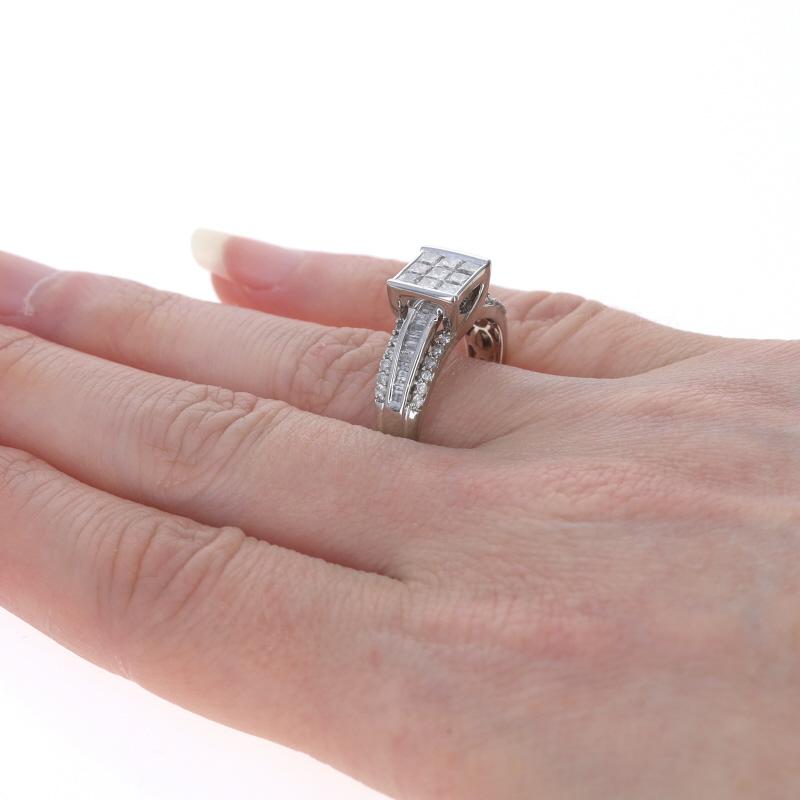 Women's White Gold Diamond Cluster Engagement Ring 10k Princess, Baguette, & Rnd 1.00ctw For Sale