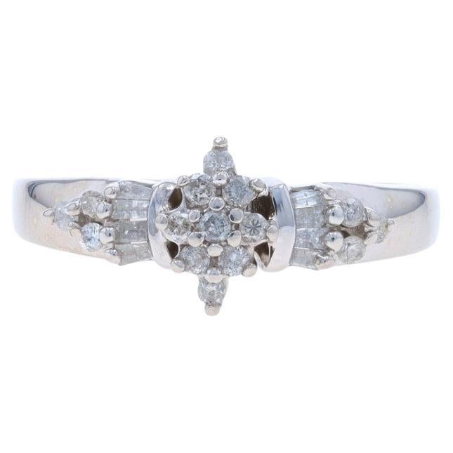 White Gold Diamond Cluster Engagement Ring - 10k Round & Baguette .20ctw