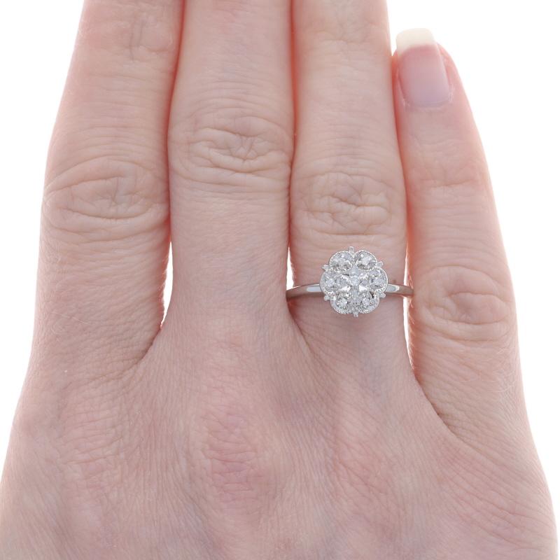 Round Cut White Gold Diamond Cluster Engagement Ring - 10k Round Floral Scallop For Sale