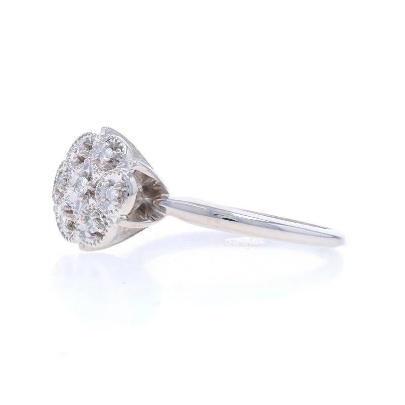White Gold Diamond Cluster Engagement Ring - 10k Round Floral Scallop In Excellent Condition For Sale In Greensboro, NC