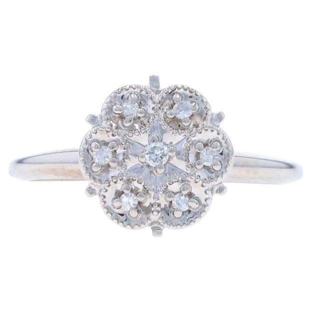 White Gold Diamond Cluster Engagement Ring - 10k Round Floral Scallop