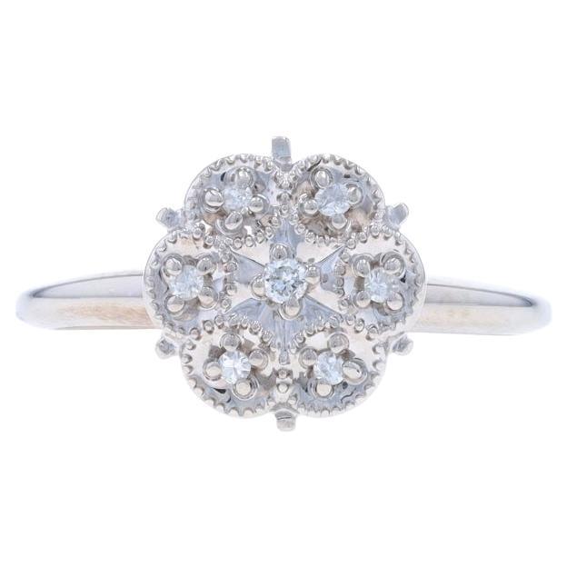White Gold Diamond Cluster Engagement Ring - 10k Round Floral Scallop For Sale
