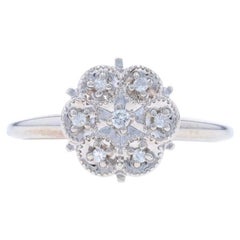 White Gold Diamond Cluster Engagement Ring - 10k Round Floral Scallop