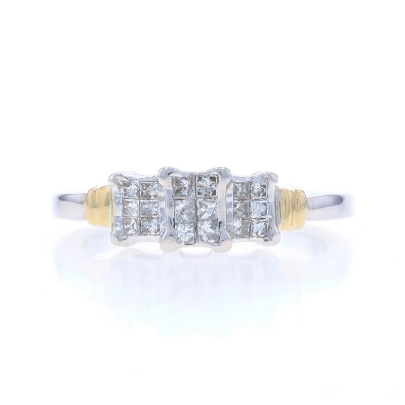 Size: 5 3/4

Metal Content: 14k White Gold & 14k Yellow Gold

Stone Information
Natural Diamonds
Carat(s): .25ctw
Cut: Princess
Color: H - I
Clarity: SI2 - I1

Total Carats: .25ctw

Style: Three-Stone Inspired Cluster

Measurements
Face Height