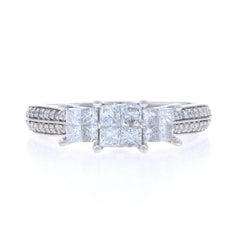 White Gold Diamond Cluster Engagement Ring - 14k Princess & Round 1.00ctw