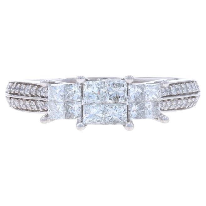 White Gold Diamond Cluster Engagement Ring - 14k Princess & Round 1.00ctw