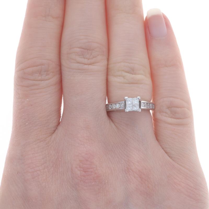 Princess Cut White Gold Diamond Cluster Engagement Ring 14k Princess & Round .58ctw Cathedral For Sale