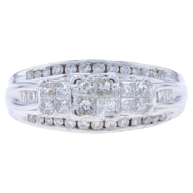 White Gold Diamond Cluster Engagement Ring - 14k Princess Round Baguette 1.00ctw For Sale