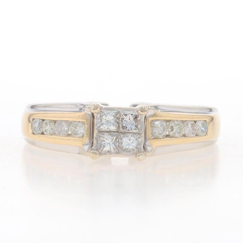 Talla: 6
Tasa de tallaje: 1/2 talla más por 40 $ o 1 talla menos por 30 $.

Contenido de metal: Oro blanco de 14 quilates y oro amarillo de 14 quilates

Información sobre Stone

Diamantes naturales
Quilate(s): .50ctw
Talla: Princesa y Redondo