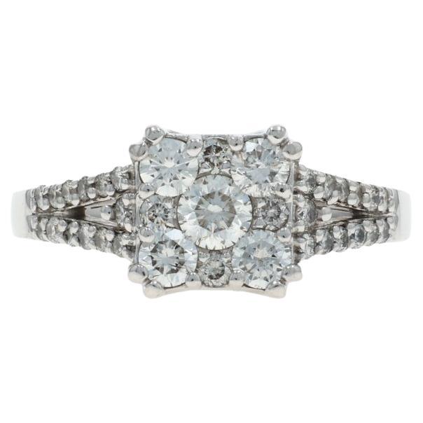 Anello di fidanzamento a grappolo di diamanti in oro bianco - 14k Brilliante rotondo 1,00ctw