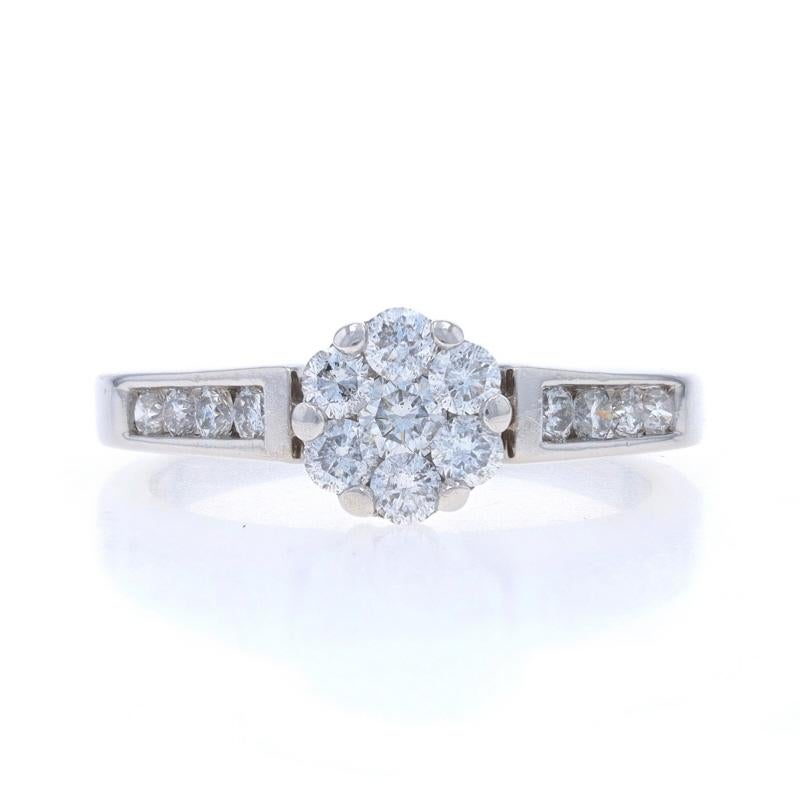 Size: 7
Sizing Fee: Up 1 size for $40 or Down 1 size for $40

Metal Content: 14k White Gold

Stone Information

Natural Diamonds
Carat(s): .65ctw
Cut: Round Brilliant
Color: F - G
Clarity: SI1 - SI2

Total Carats: .65ctw

Style: Cluster with
