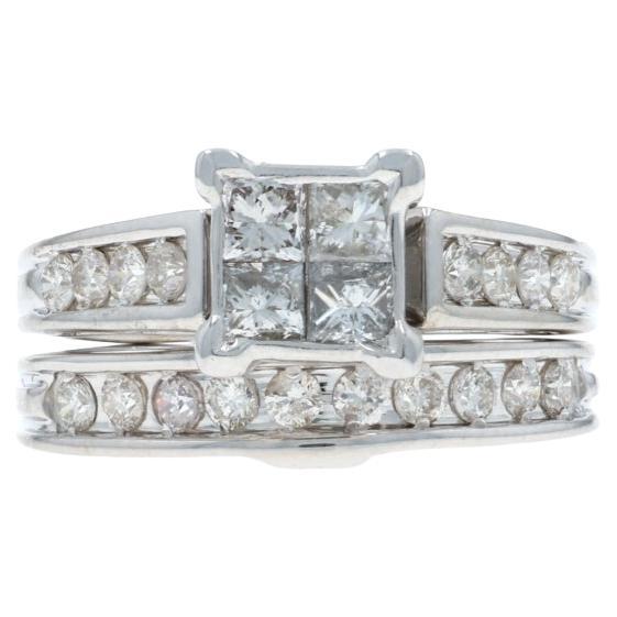 Anello di fidanzamento e fede nuziale a grappolo di diamanti in oro bianco 10k Princess 1.00ctw