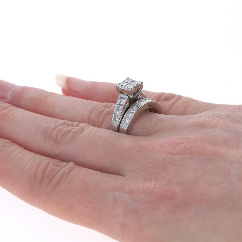 Verlobungsring & Ehering aus Weißgold mit Diamant-Cluster - 14k Prinzessin 1,50ctw im Angebot 1