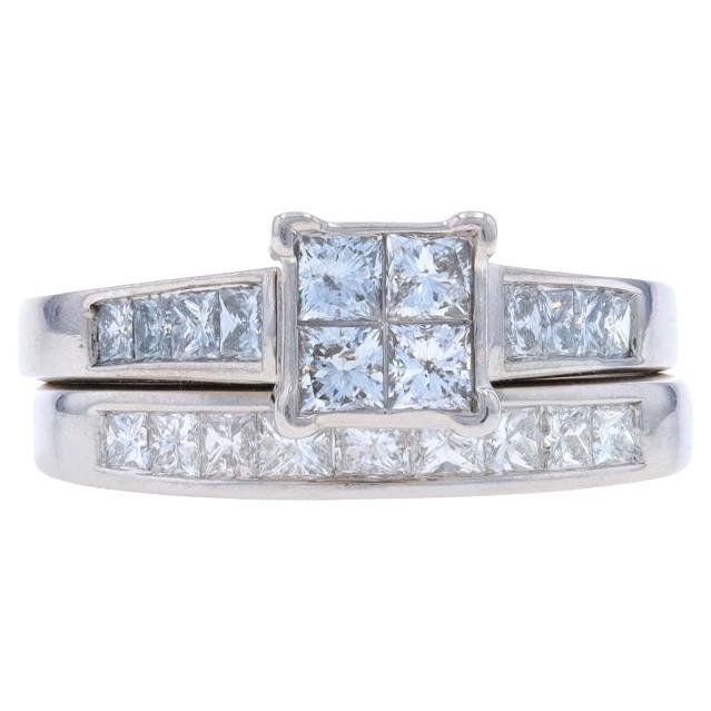 White Gold Diamond Cluster Engagement Ring & Wedding Band - 14k Princess 1.50ctw
