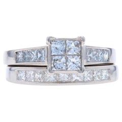 White Gold Diamond Cluster Engagement Ring & Wedding Band - 14k Princess 1.50ctw