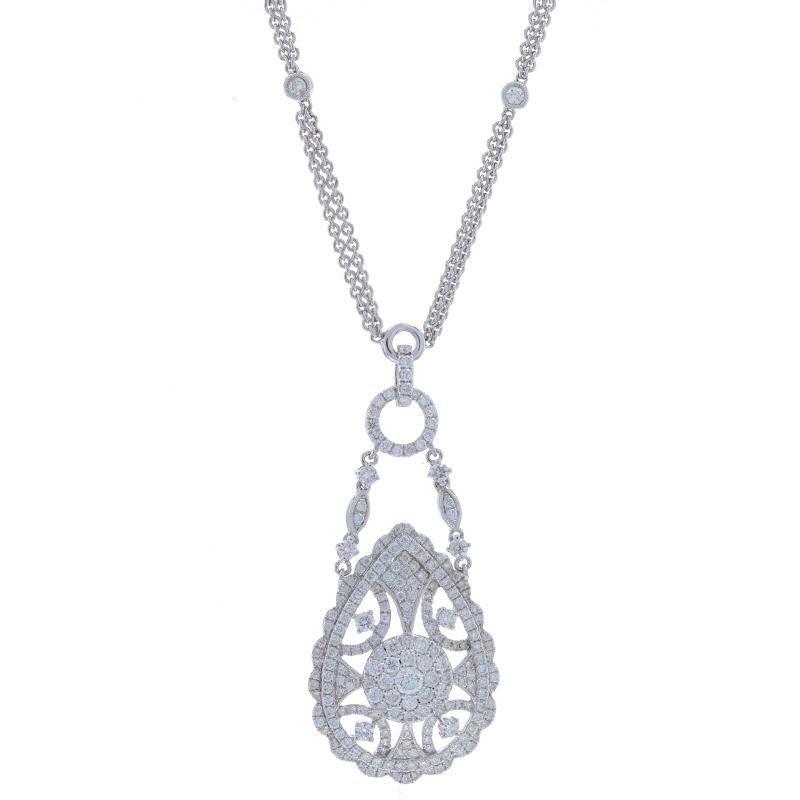 Contenuto del metallo: Oro bianco 14k

Informazioni su A. Stone

Diamanti naturali
Carati: 2.43ctw
Taglio: Rotondo brillante
Colore: G - H - I
Chiarezza: SI1 - I1

Carati totali: 2,43ctw

Stile: Cluster Halo Dangle
Stile della catena: Cavo
Stile