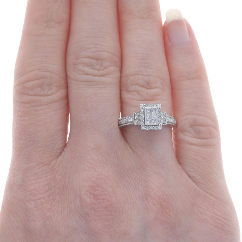 Princess Cut White Gold Diamond Cluster Halo Engagement Ring - 10k Princess & Single .21ctw For Sale